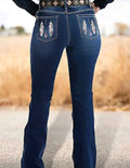 Women's Pocket Feather Embroidery Flare Denim Jeans