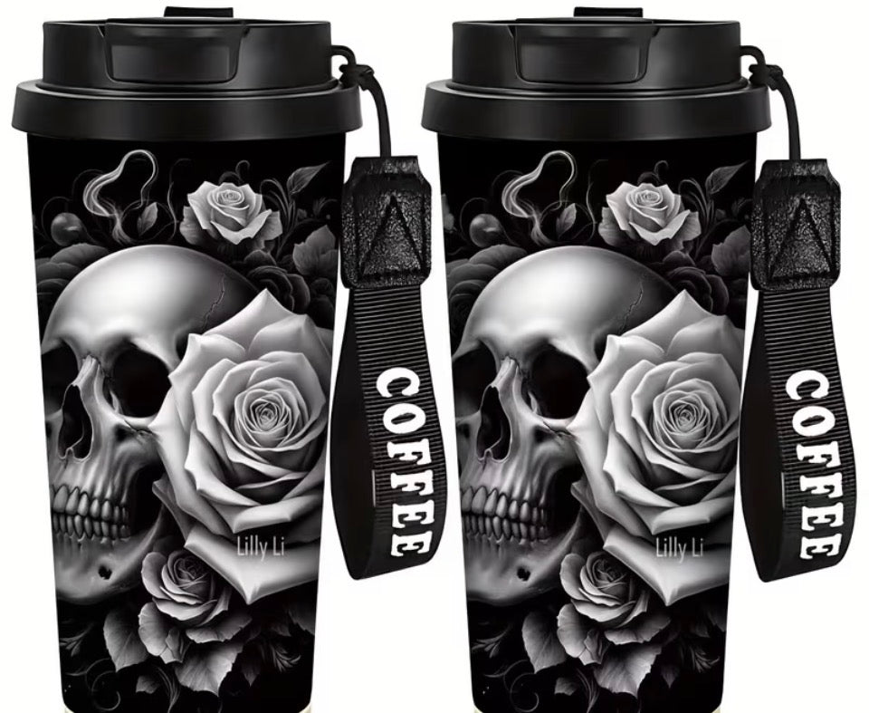 Stainless steel travel mug, skull & rose print