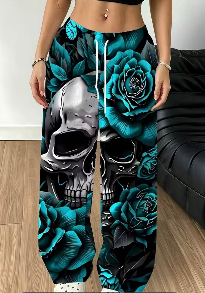 Skull, teal, baggy trousers