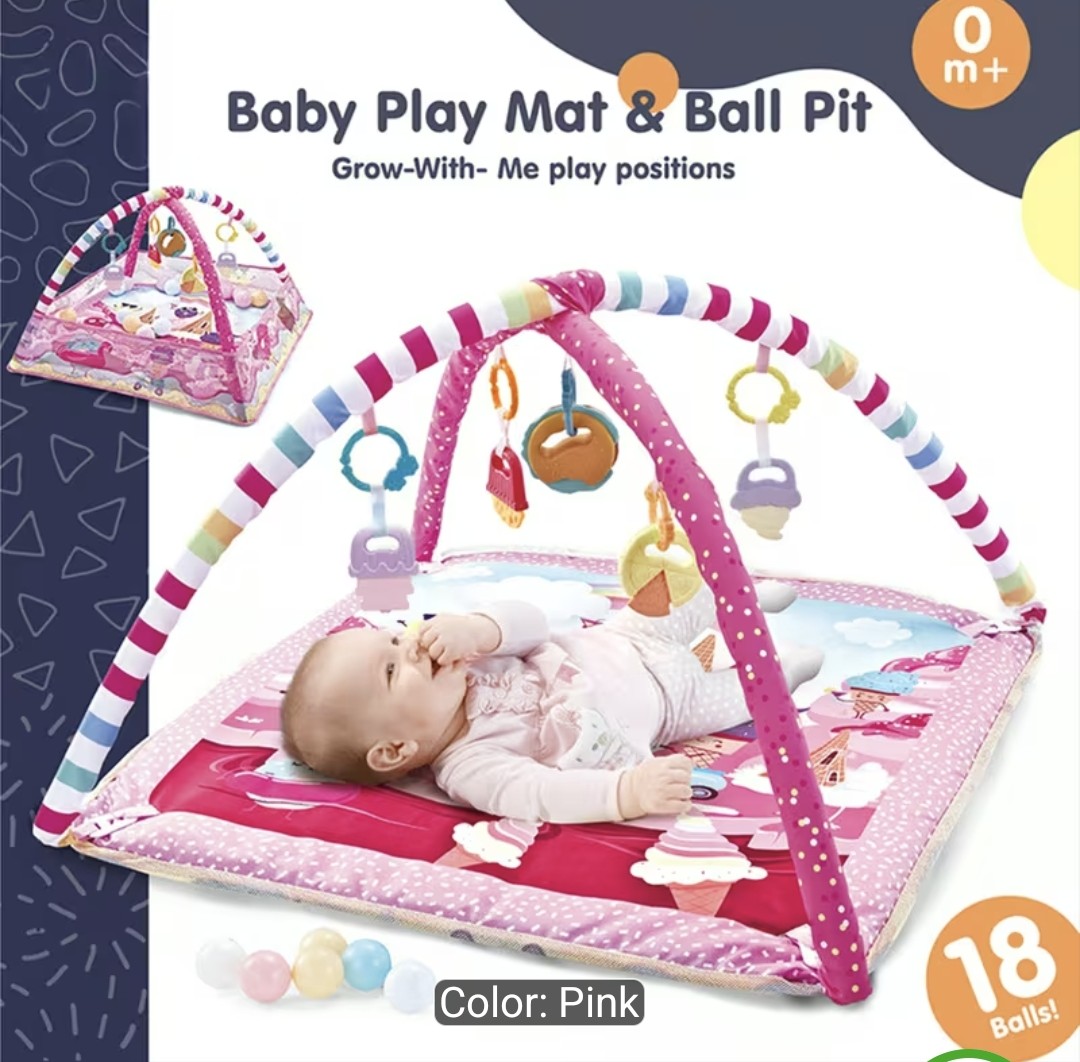 3-in-1 Baby Play Gym with Ball Pit & Crawling Mat, Whimsical Pink Cartoon Design Hanging Sensory toys