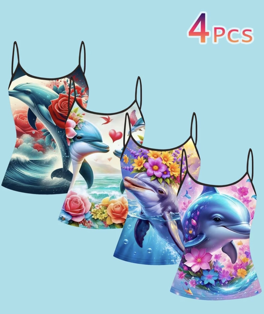 [4-Pack] Multicolor Dolphin Floral Print Women'S Thin Strappy