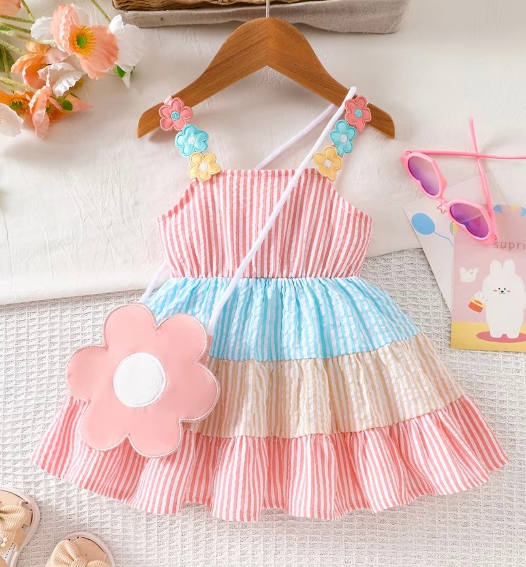Girl's Rainbow Striped Spaghetti Suspender Dress