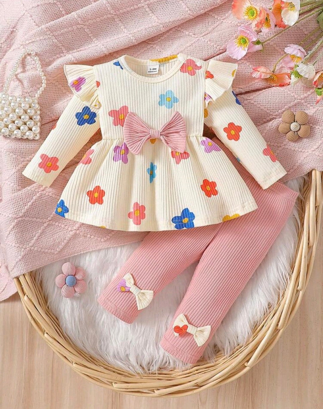 Newborn Cute Brown Soft Heart Print Knit Puff Sleeve Pullover Top With Black Bow Accent Skinny Pants 2-Piece Set,Autumn Matching Family Outfits Casual