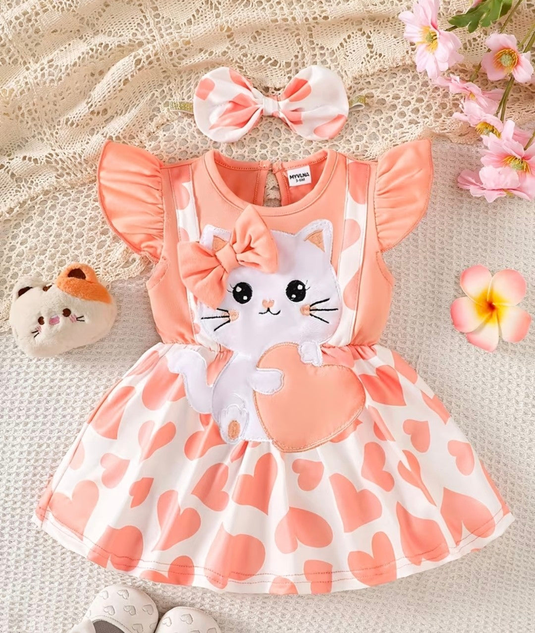 Baby Girl Peach Pink Cat Heart Dress