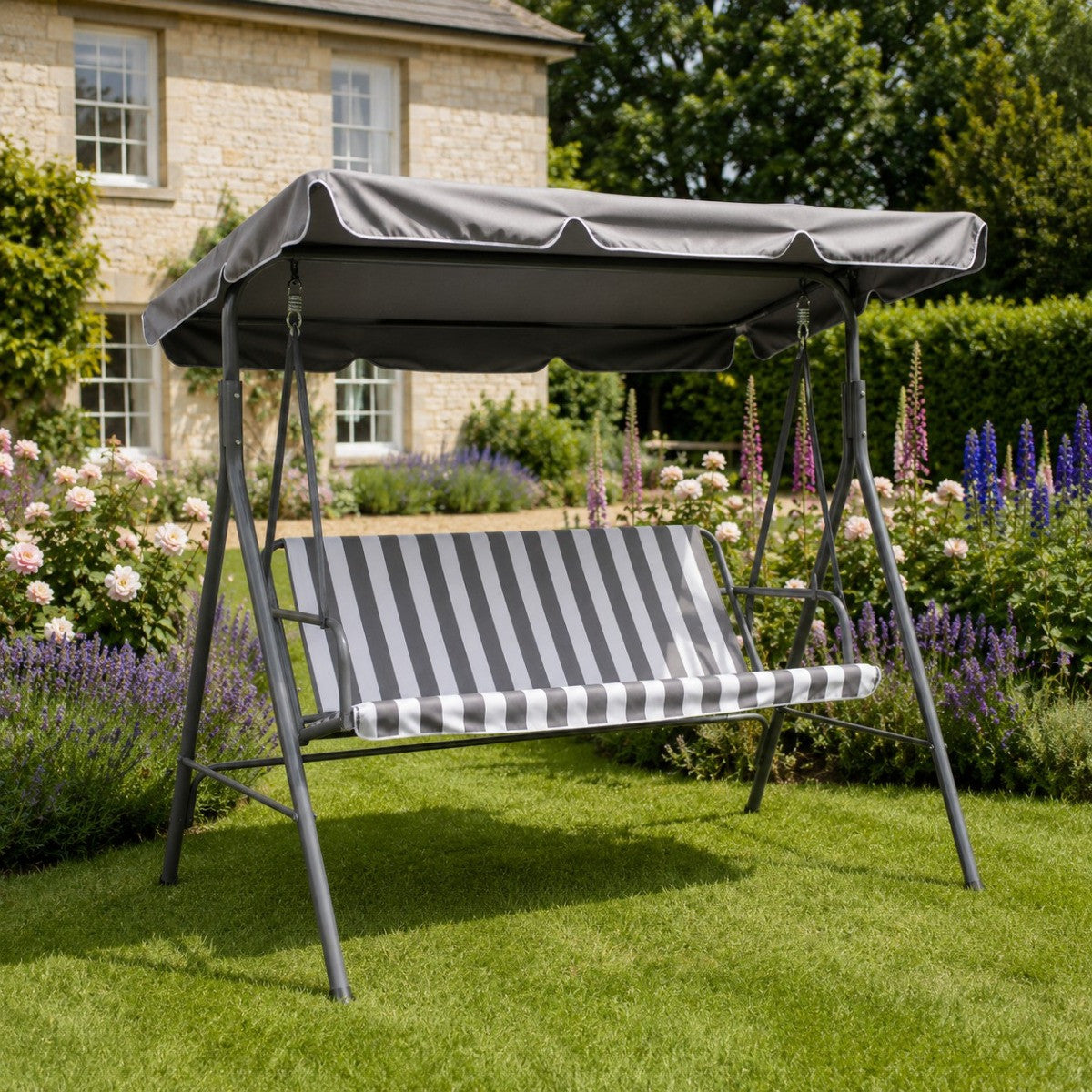 3 Seater Swing Bench With Canopy - Grey/White Stripe