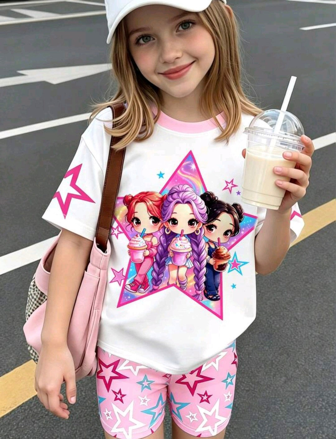 2pcs/Set Girls Sweet Cherry Print Bowknot Short Sleeve T-Shirt