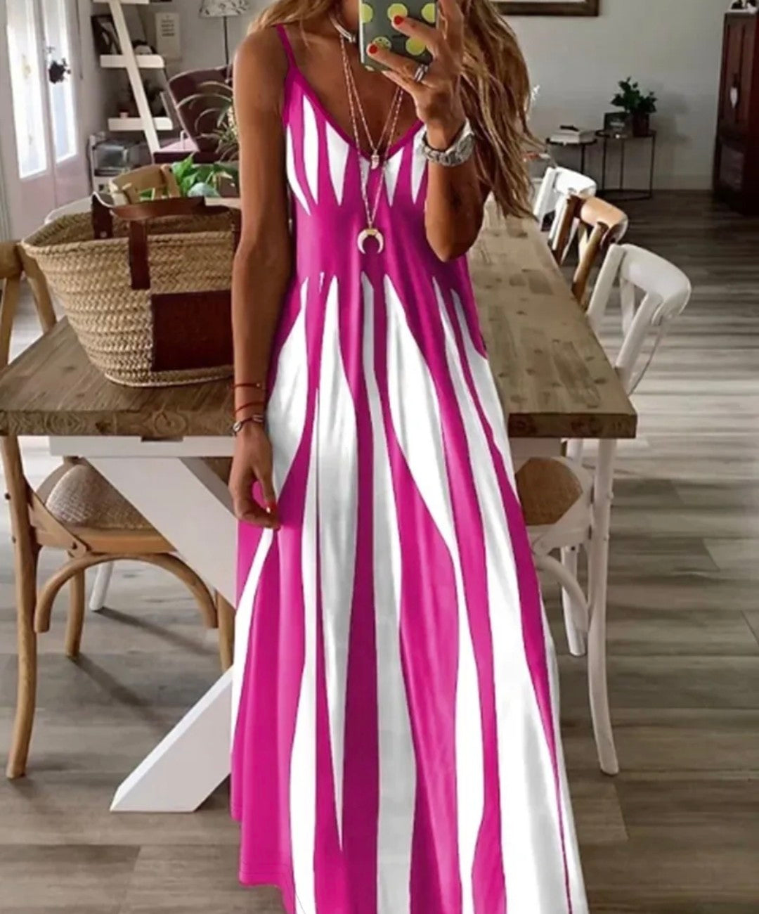 Fashion Women's V-Neck Dress with Thin Straps, Printed Casual Dress