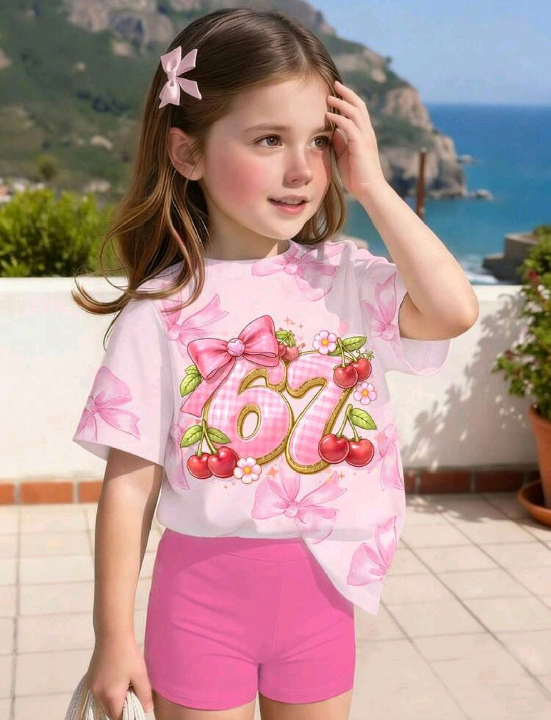 2pcs/Set Girls Sweet Cherry Print Bowknot Short Sleeve T-Shirt