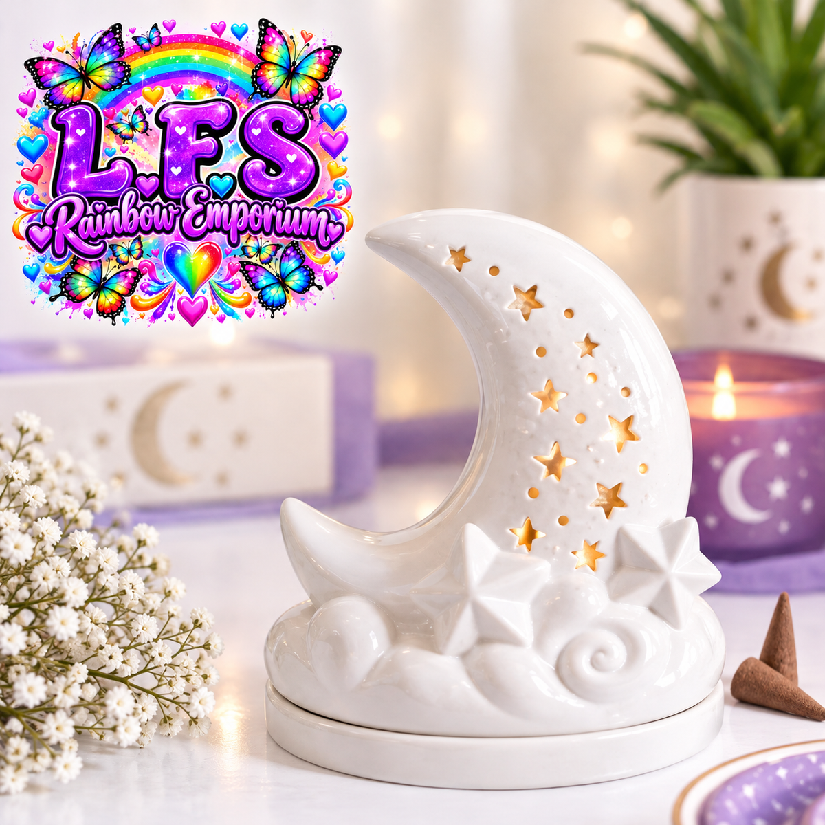 White Pastel Skies Moon Incense Cone Holder