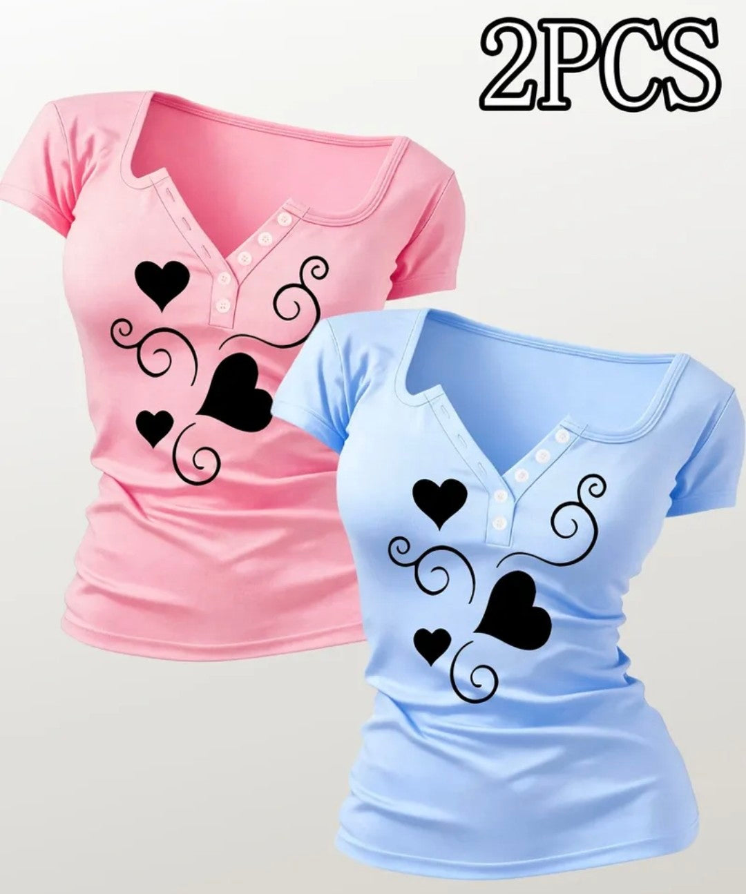 2pcs Set of Slim Fit Heart Print T-Shirts for Women
