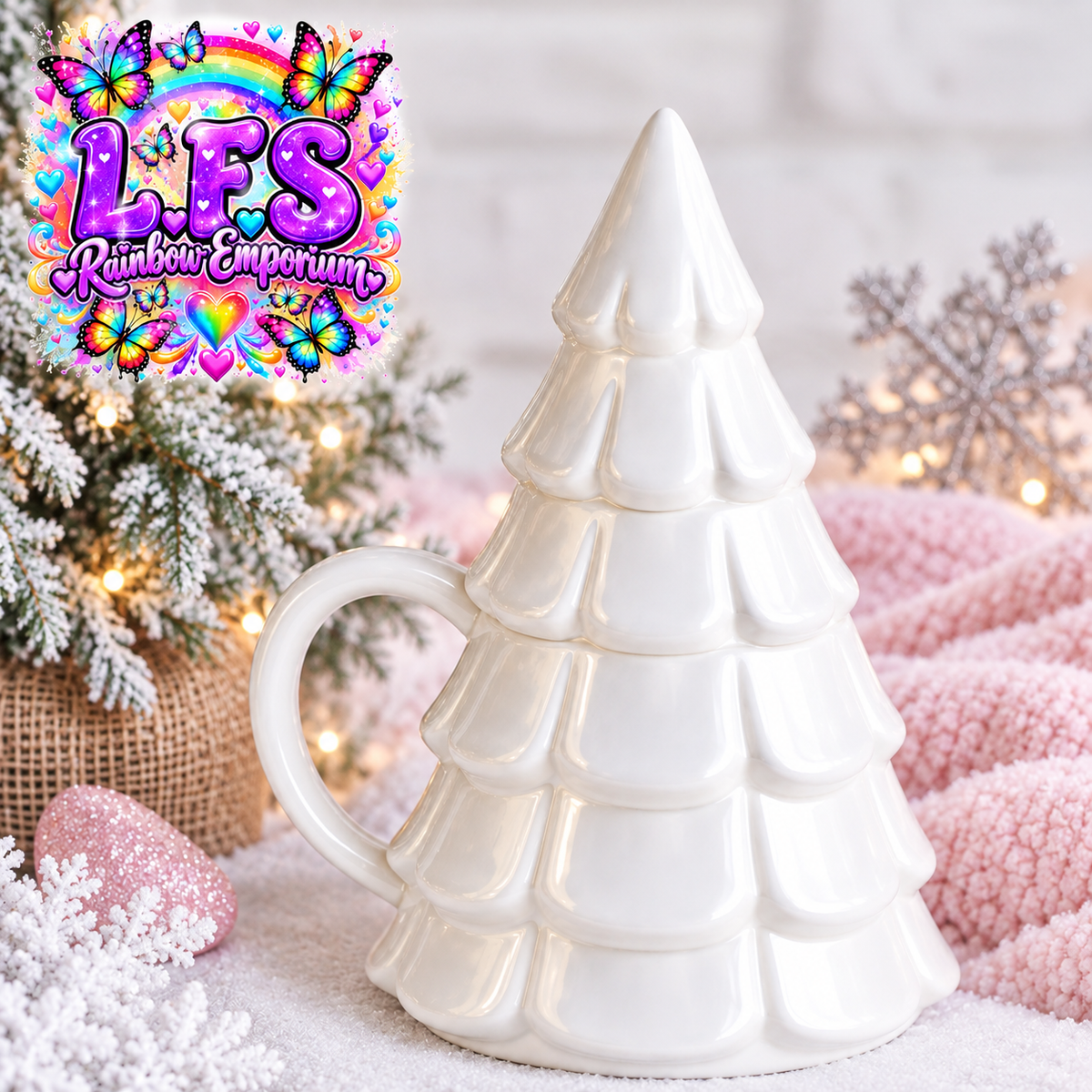 Iridescent Fir Tree Mug and Snowflake Spoon Set