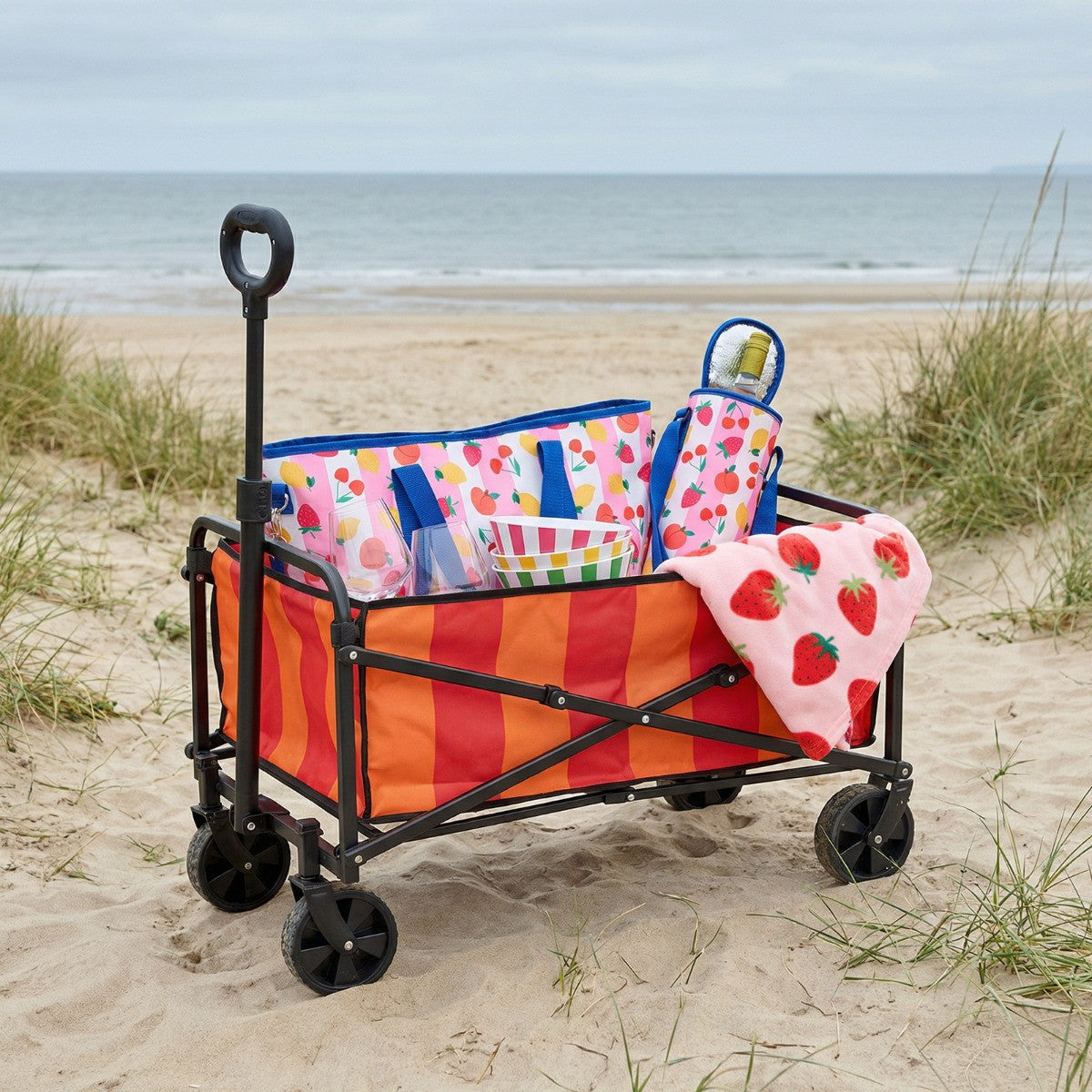 Stripe Print Foldable Camping Trolley - Orange/Pink
