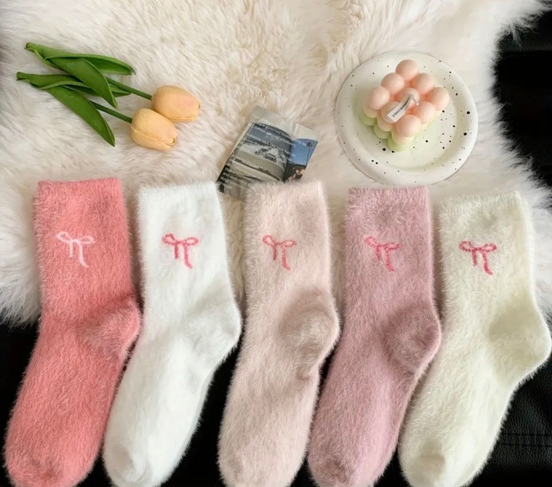 5-pair Plush Pink Bow Mid-Calf Socks
