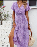 Floral Printed Butterfly Sleeve Thigh-High Slit Dress