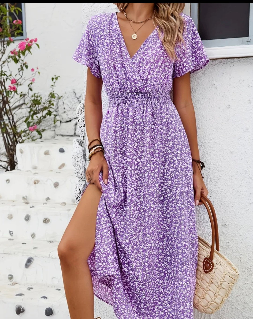 Floral Printed Butterfly Sleeve Thigh-High Slit Dress