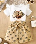 2pcs Girls' Summer Two-Piece Set Beige Large Bow Cartoon T-Shirt And Full-Print Bow Shorts
