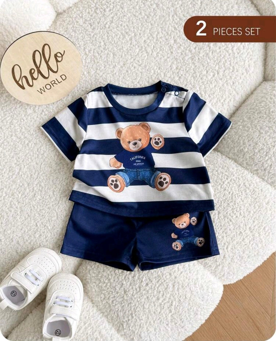 Newborn Baby Boy Cute Summer Knitted Cartoon Pattern Striped Short Sleeve T-Shirt And Shorts Set Outfit Sets Bear Navy Clothes With Bear