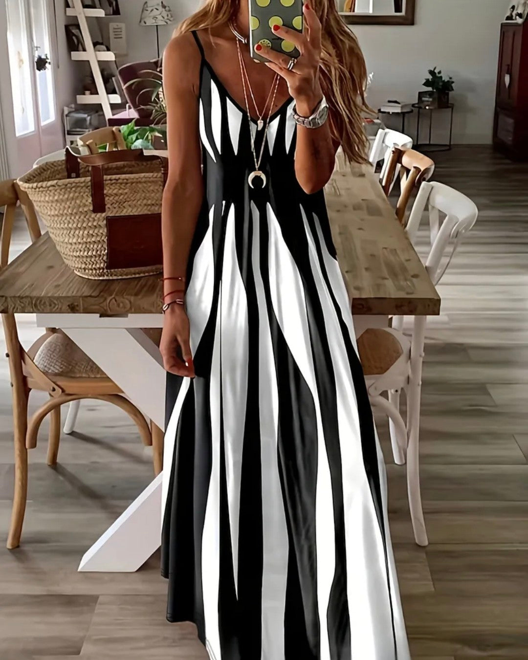 Fashion Women's V-Neck Dress with Thin Straps, Printed Casual Dress