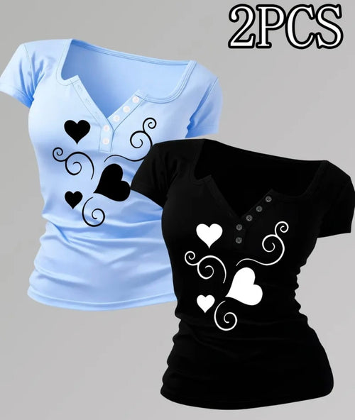 2pcs Set of Slim Fit Heart Print T-Shirts for Women