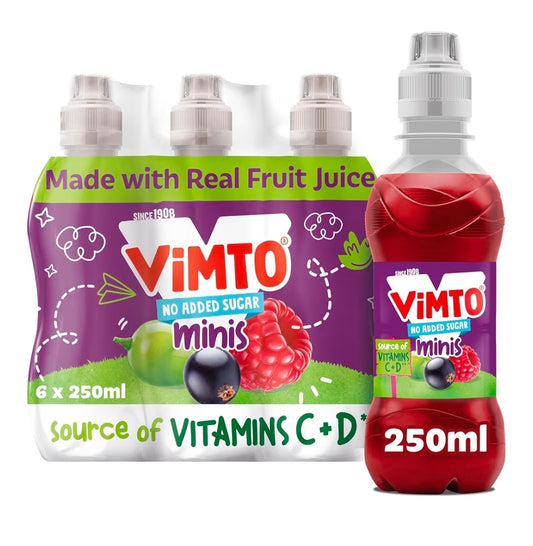 Vimto Kids Juice Drink – No Added Sugar – Grape, Blackcurrant & Raspberry – Vitamin C – 6 x 250ml Resealable Bottles