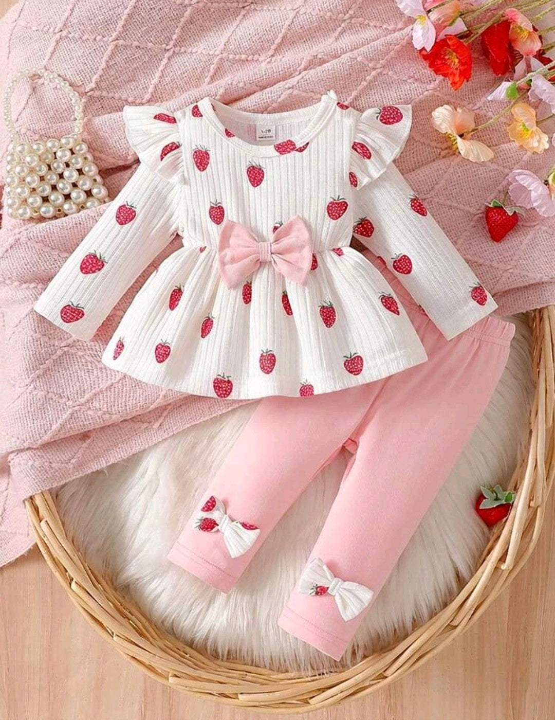 Newborn Cute Brown Soft Heart Print Knit Puff Sleeve Pullover Top With Black Bow Accent Skinny Pants 2-Piece Set,Autumn Matching Family Outfits Casual