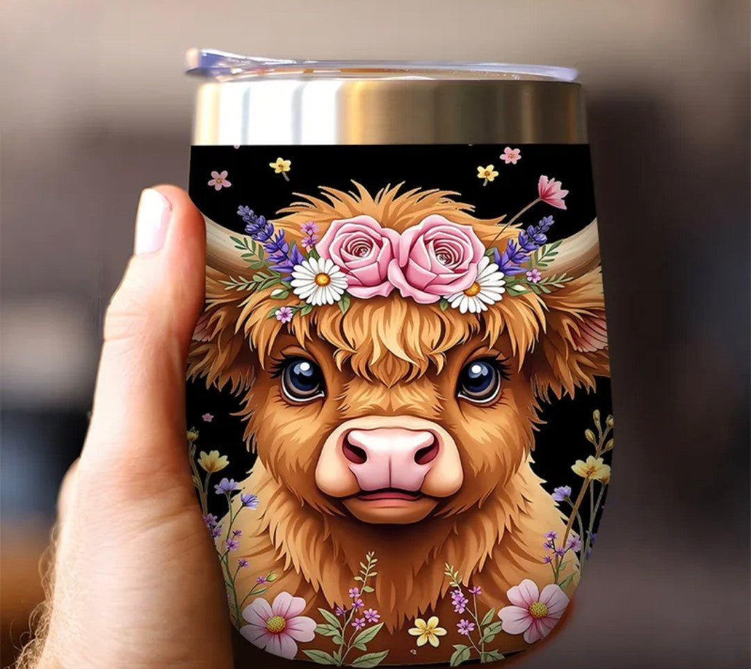 12 oz Highland Cow Double Wall Insulated Stainless Steel Travel Mug