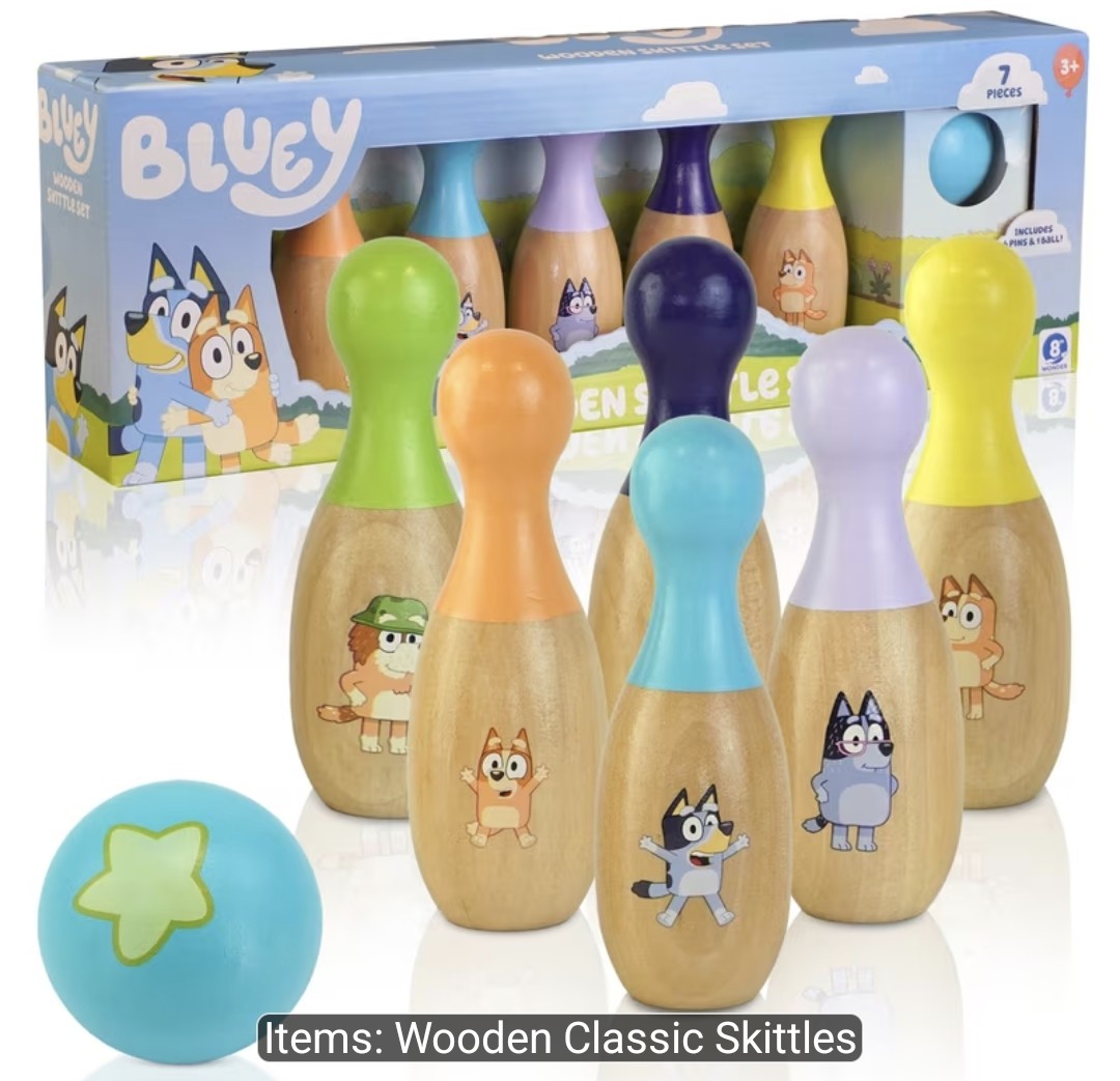 Bluey Wooden Classic Ninepins, 7pcs Colorful Set–Indoor & Outdoor Bowling Game for kids